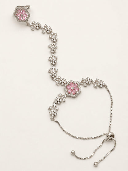 Pink silver-plated floral marquise-stone chain hathphool