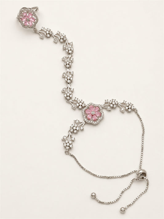 Pink silver-plated floral marquise-stone chain hathphool