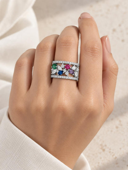 Multicolor Floral Band Ring - Silver Plated worn on hand