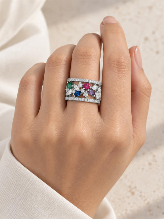Multicolor Floral Band Ring - Silver Plated worn on hand