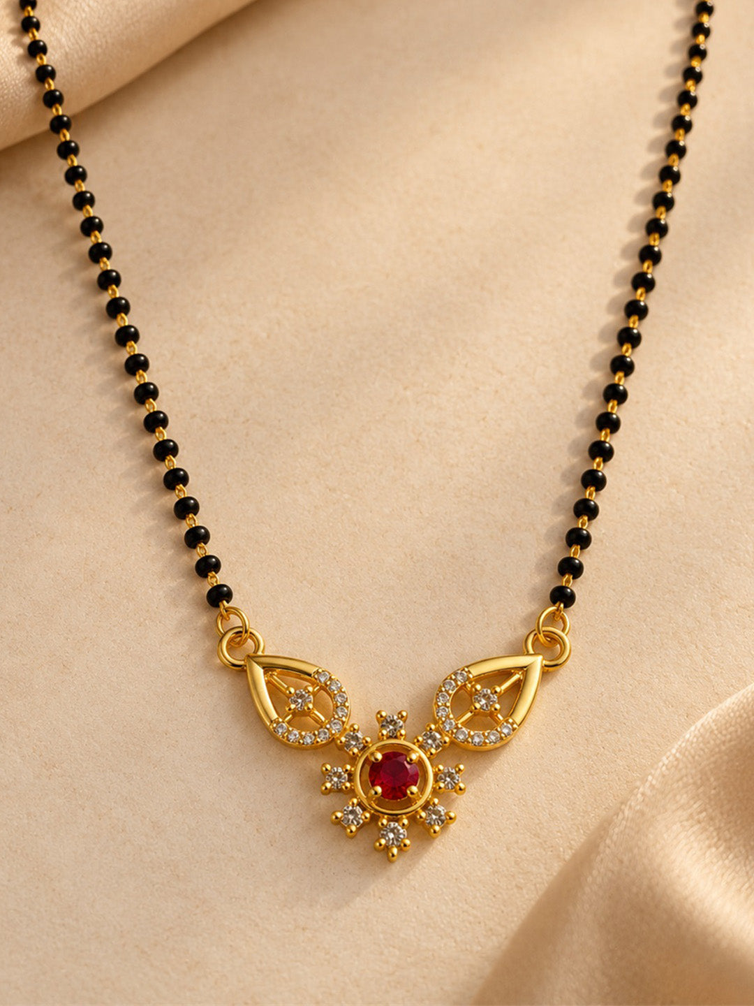 Red flower and open leaf gold-plated mangalsutra
