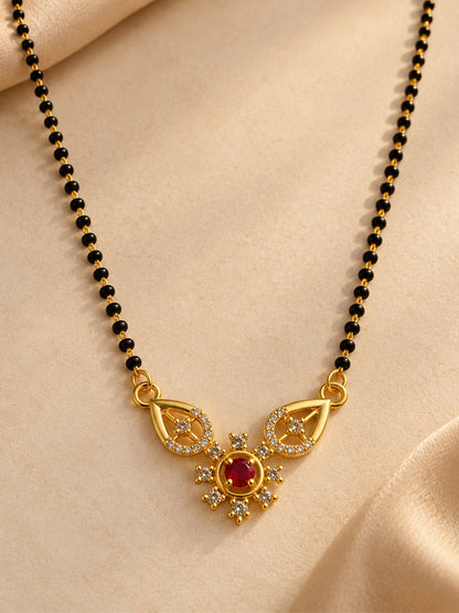 Red flower and open leaf gold-plated mangalsutra
