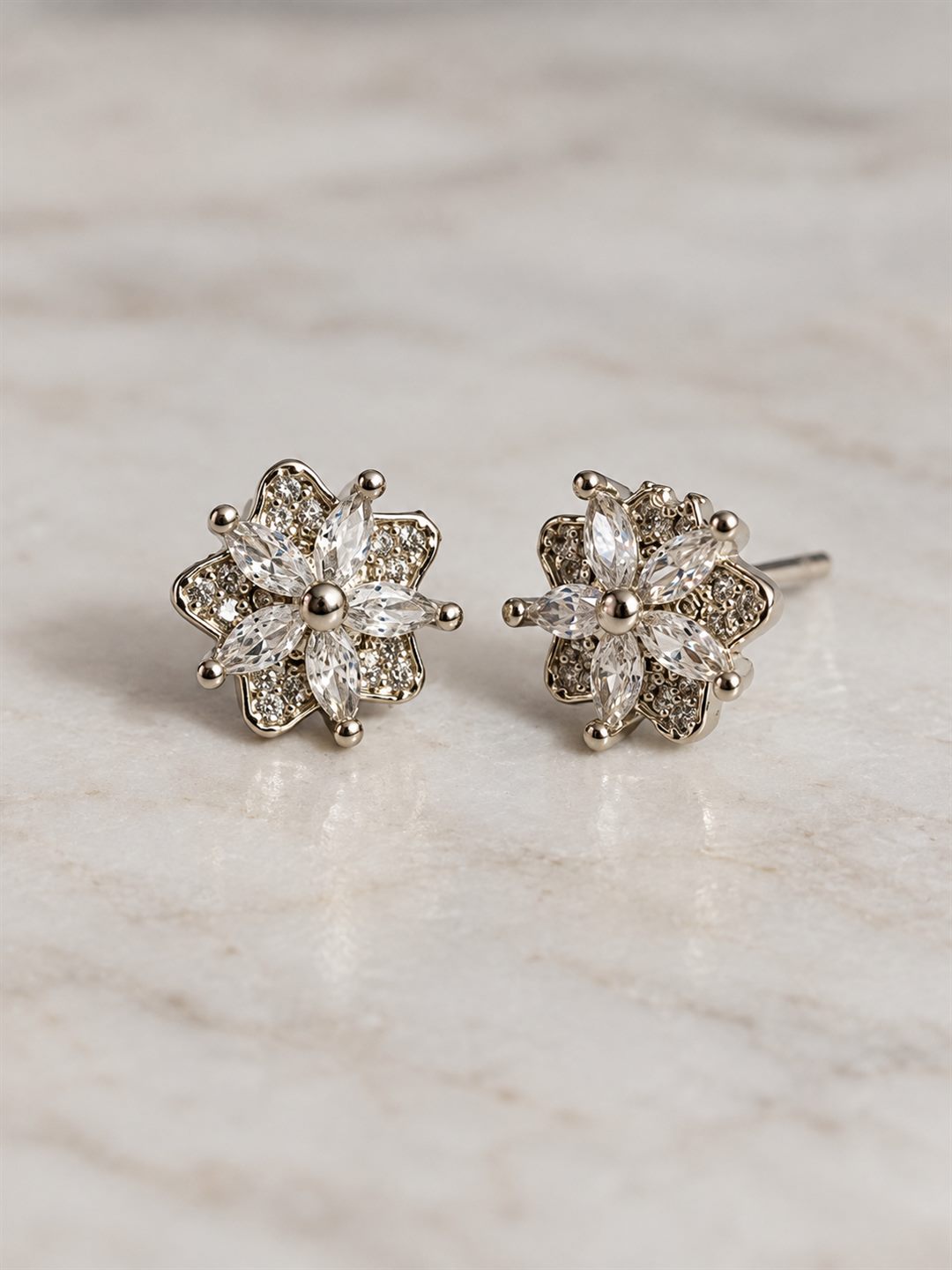 Clear Marquise Floral Cluster Stud Earrings, silver plated, lifestyle view