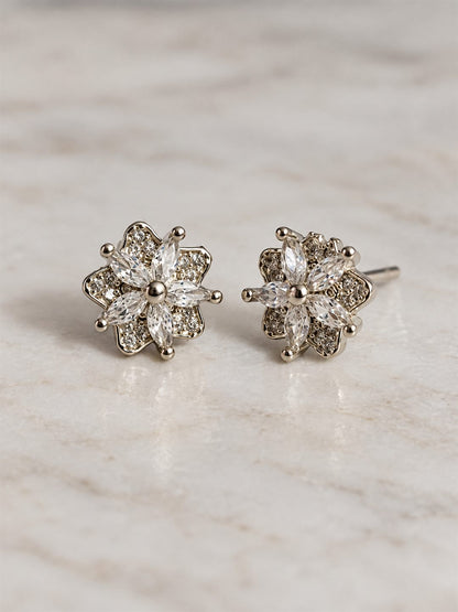 Clear Marquise Floral Cluster Stud Earrings, silver plated, lifestyle view