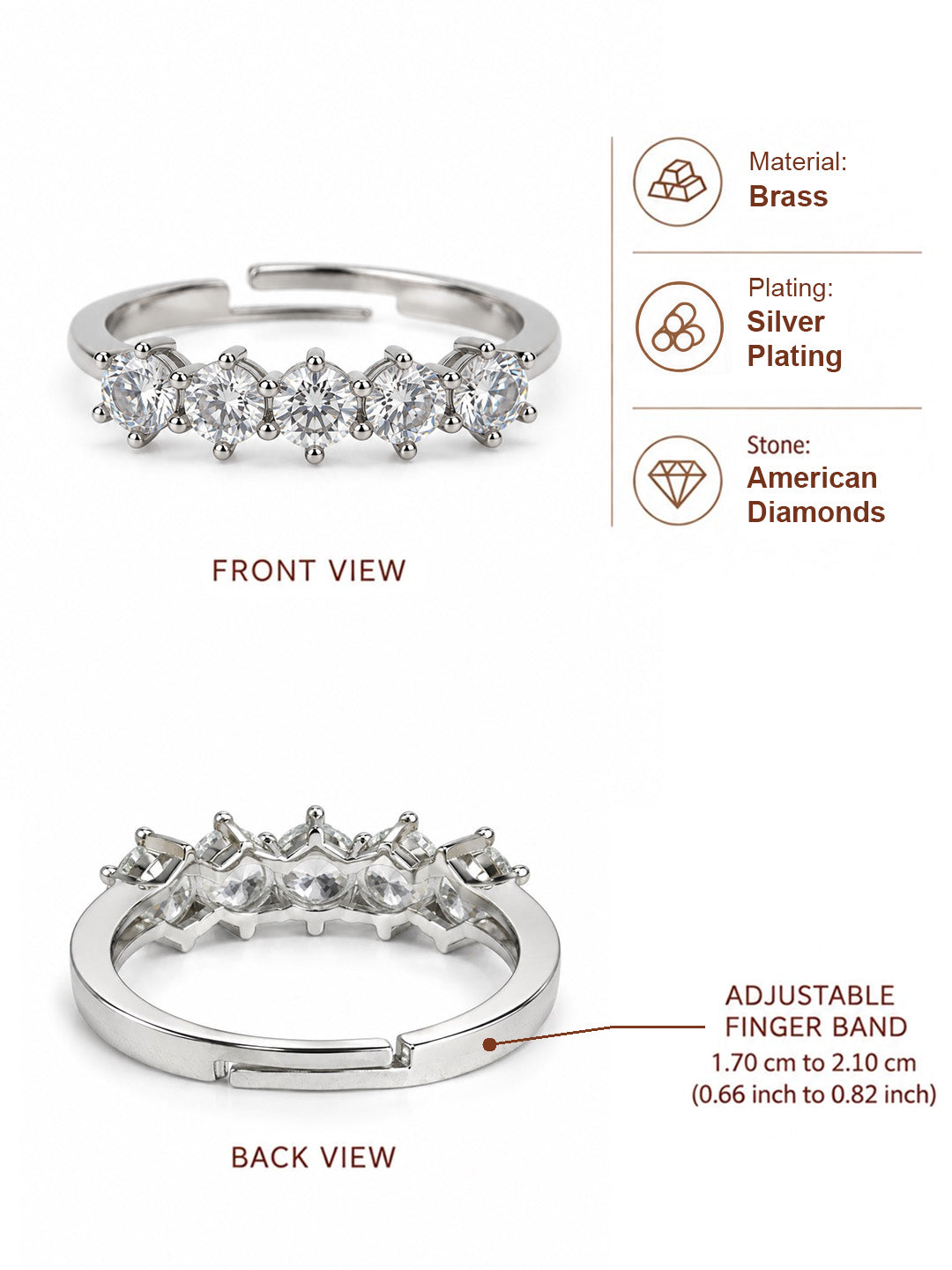 Clear Five Stone Band Ring - Silver Plated, image6