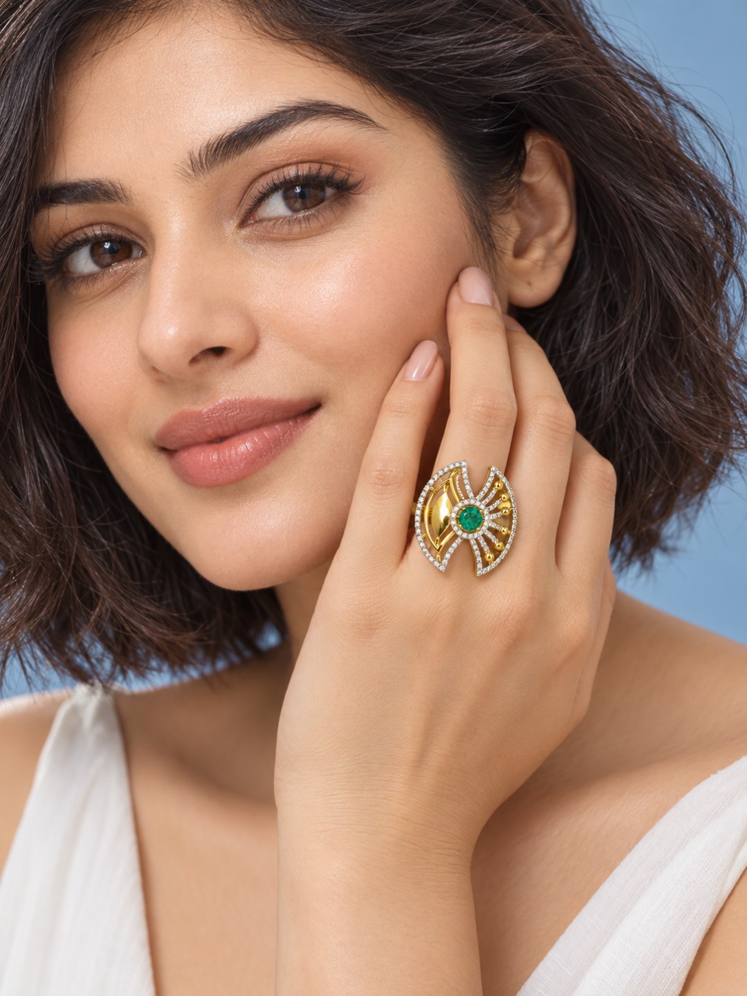 Sea Green Center Stone Fan Motif Ring - Gold Plated - model close-up
