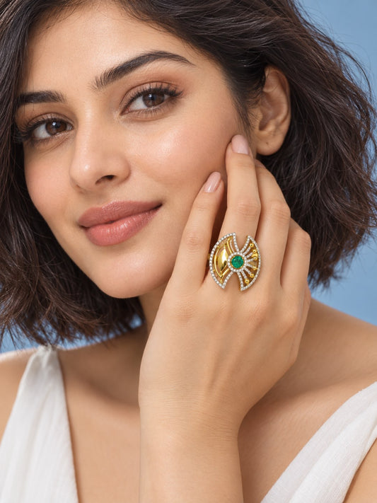 Sea Green Center Stone Fan Motif Ring - Gold Plated - model close-up