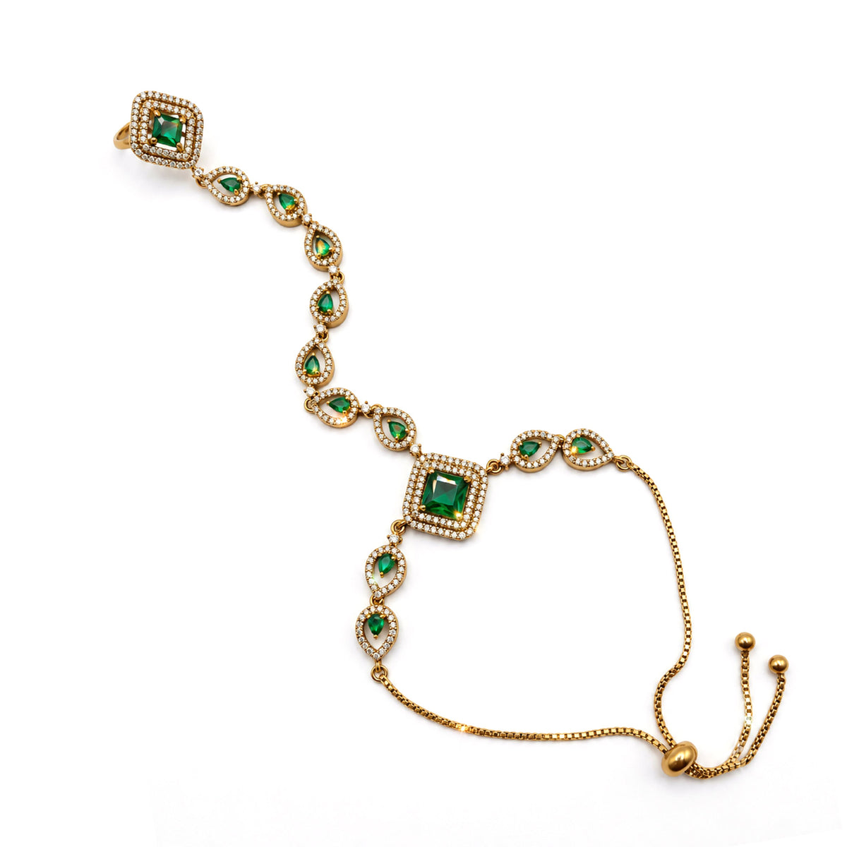 Green Square Halo and Teardrop Hathphool - Mehndi Plated