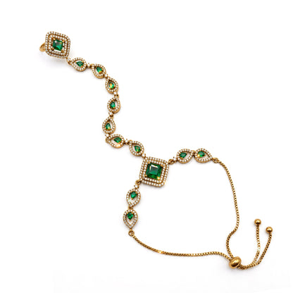 Green Square Halo and Teardrop Hathphool - Mehndi Plated