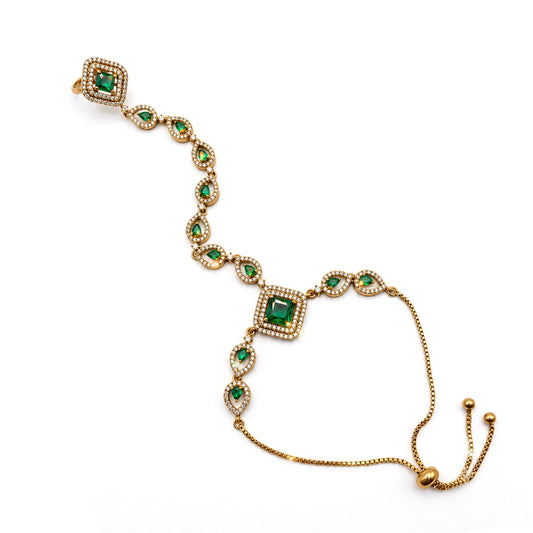 Green Square Halo and Teardrop Hathphool - Mehndi Plated