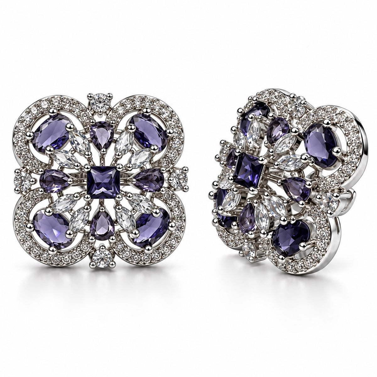 Purple Scrollwork Floral Stud Earrings in silver plating