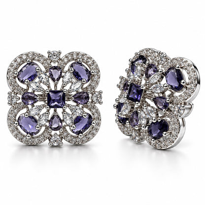 Purple Scrollwork Floral Stud Earrings in silver plating
