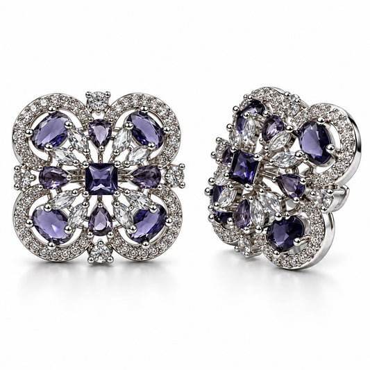 Purple Scrollwork Floral Stud Earrings in silver plating