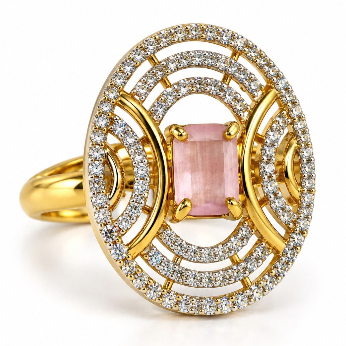 Pink Center Stone Oval Geometric Halo Ring - Gold Plated