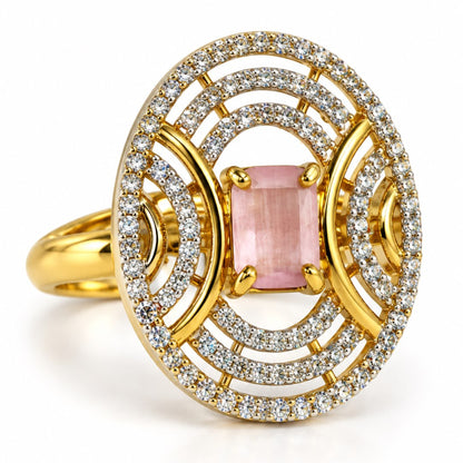 Pink Center Stone Oval Geometric Halo Ring - Gold Plated