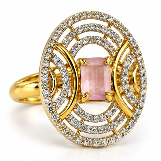Pink Center Stone Oval Geometric Halo Ring - Gold Plated
