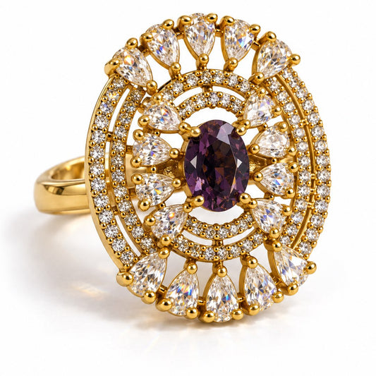 Purple Stone Oval Teardrop Halo Ring - Gold Plated, product view