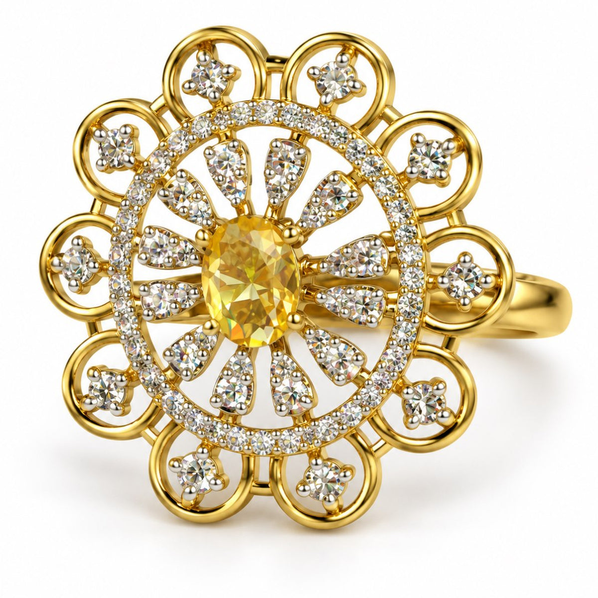 Yellow Center Stone Scalloped Floral Halo Ring - Gold Plated