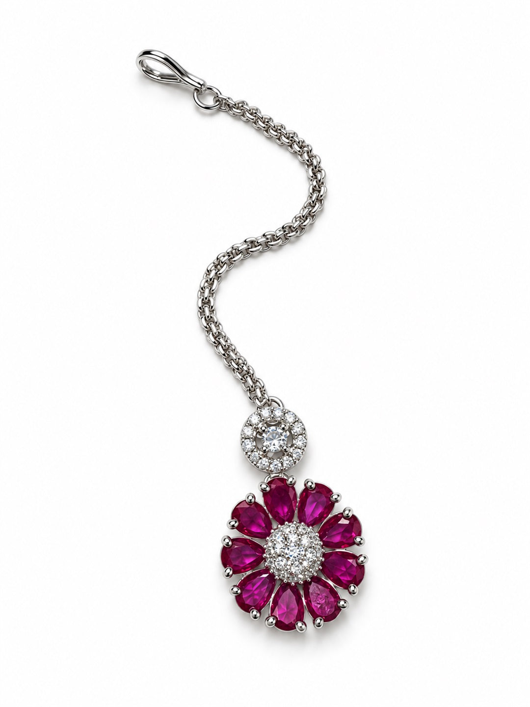 Magenta Teardrop Floral Maang Tikka - Silver Plated, additional view 1