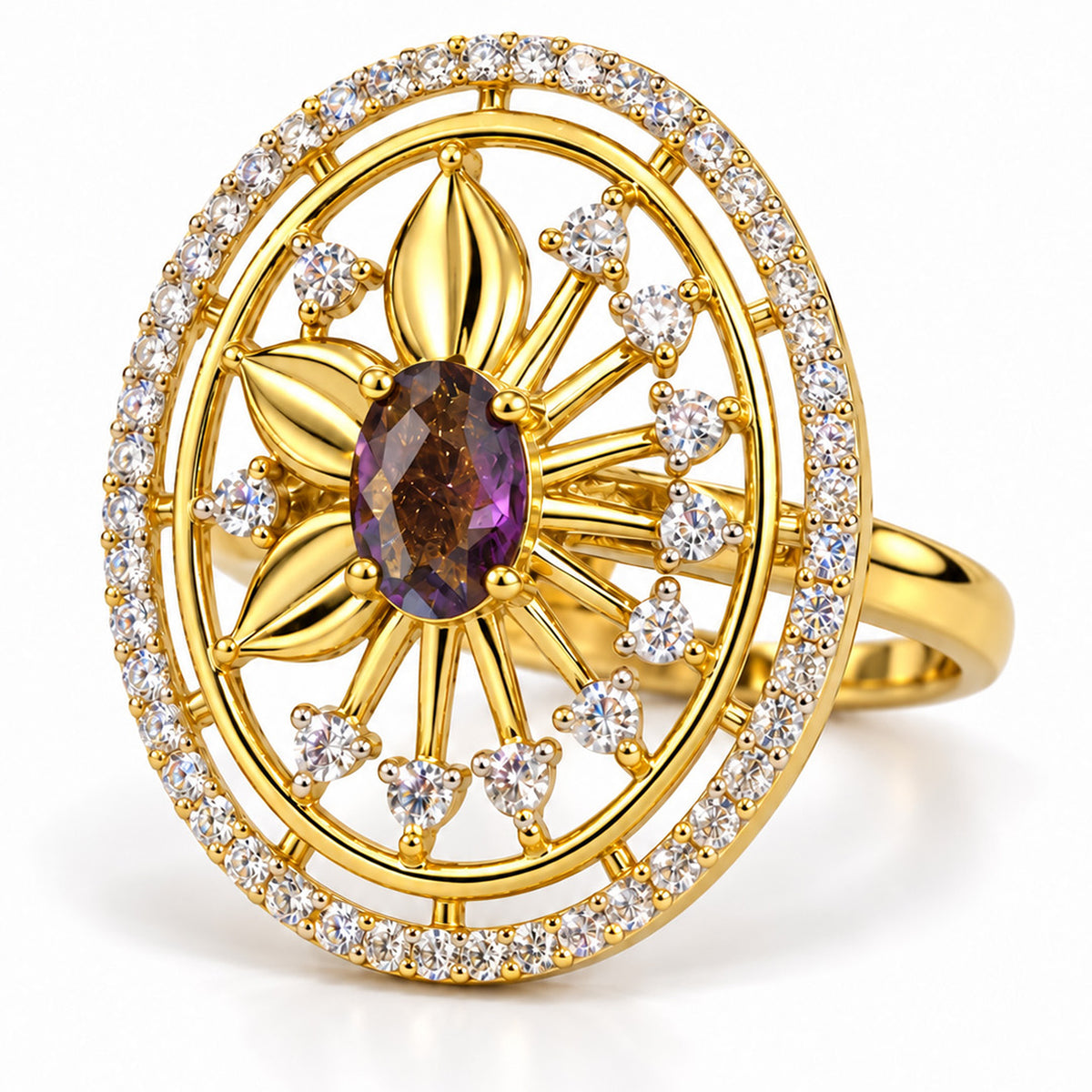 Purple Center Stone Oval Sunburst Ring - Gold Plated