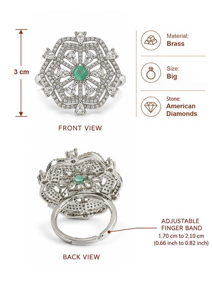 Mint Green Round Center Geometric Flower Ring - Silver Plated - alternate view