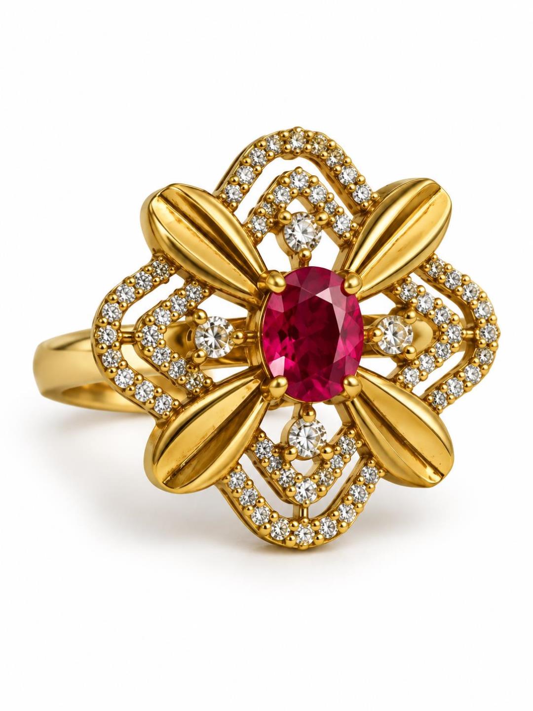 Red Stone Four Petal Floral Ring - Gold Plated, additional view 1