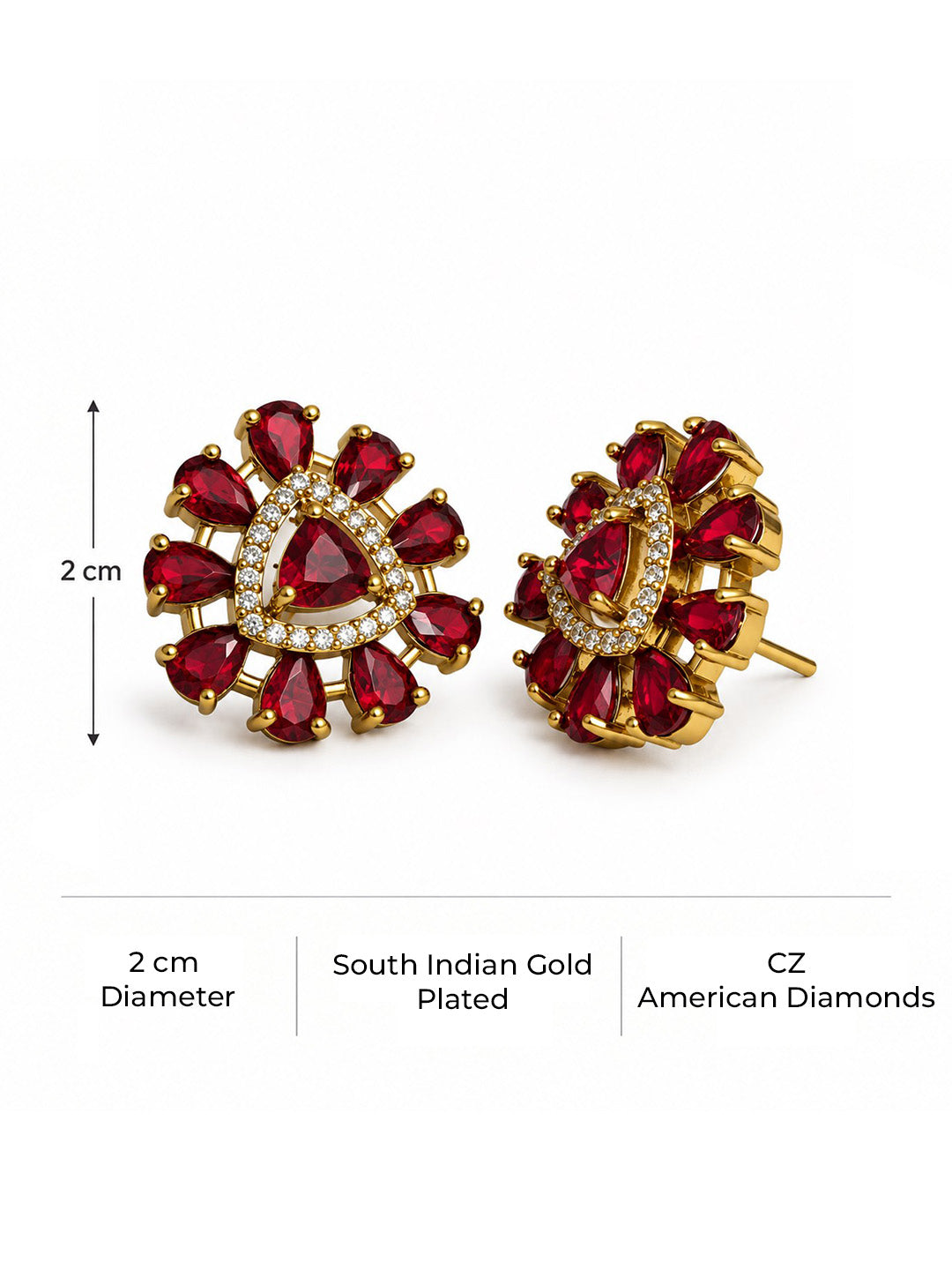 Red Triangle Center Halo Stud Earrings - Gold Plated