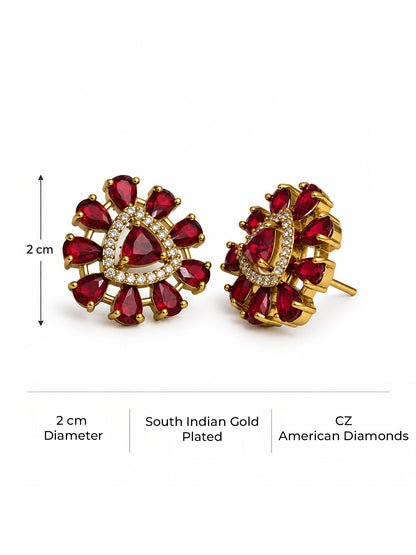Red Triangle Center Halo Stud Earrings - Gold Plated