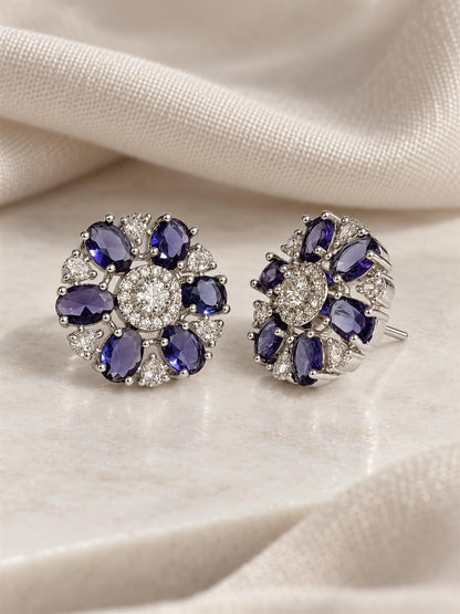 Purple rectangular stone flower silver-plated stud earrings