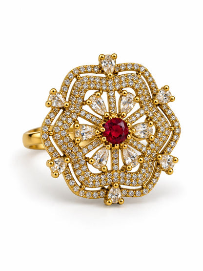 Red Stone Scalloped Floral Halo Ring - Gold Plated, additional view 1