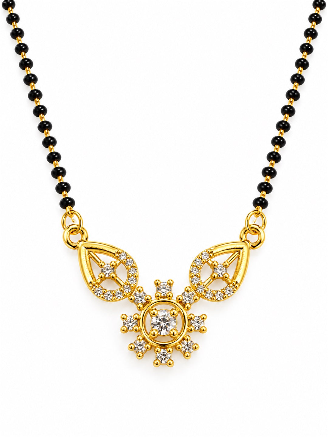 White flower and open leaf gold-plated mangalsutra