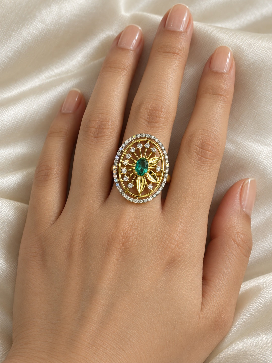 Sea Green Center Stone Oval Sunburst Ring - Gold Plated - model close-up