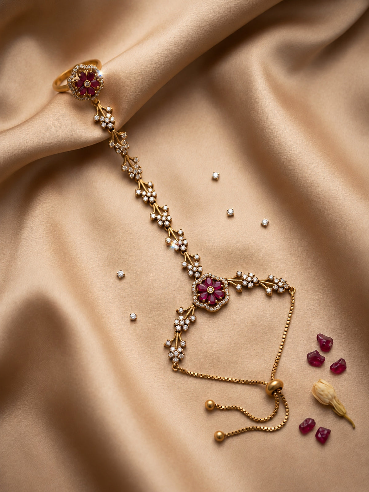 Red Floral Marquise-Stone Chain Hathphool - Mehndi Plated