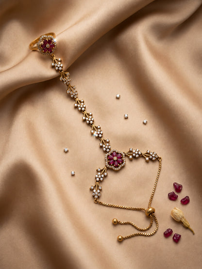 Red Floral Marquise-Stone Chain Hathphool - Mehndi Plated