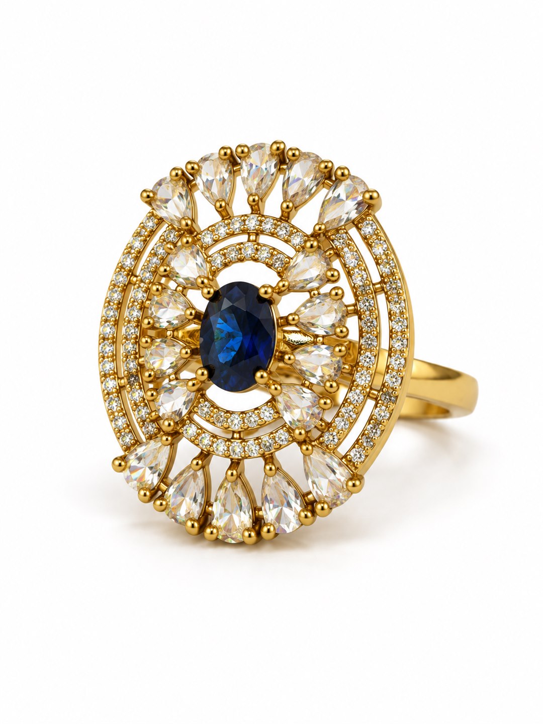 Blue Stone Oval Teardrop Halo Ring - Gold Plated, additional view 1