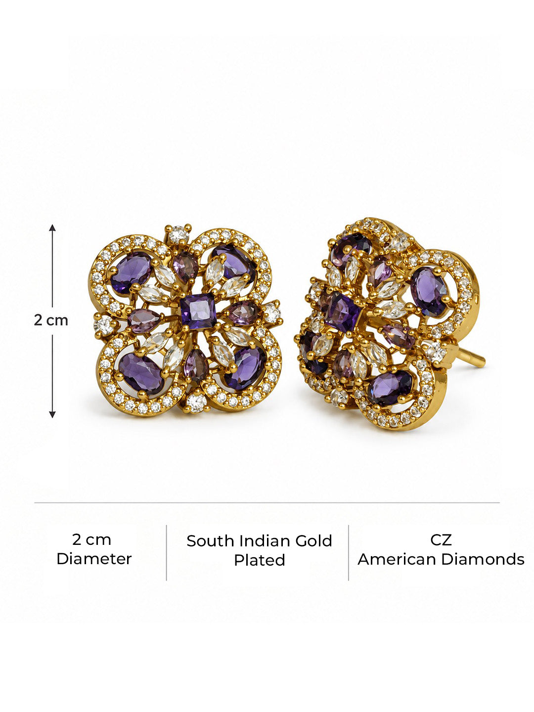 Purple Four Petal Oval Stone Stud Earrings - Gold Plated