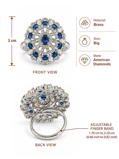 Blue Oval Center Floral Cluster Ring - Silver Plated - alternate view