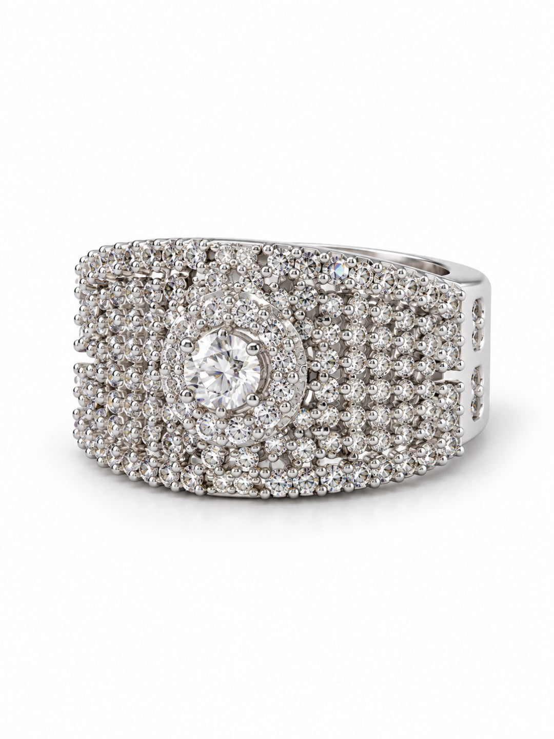 Clear Wide Pave Halo Band Ring - Silver Plated