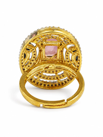 Pink Center Stone Oval Geometric Halo Ring - Gold Plated