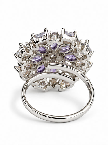 Purple Petal Halo Flower Ring - Silver Plated - alternate view