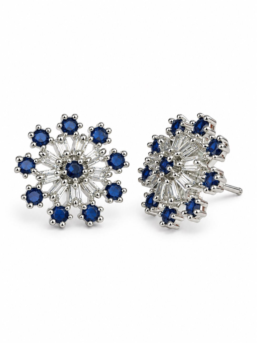 Blue Baguette Sunburst Stud Earrings, silver plated, alternate product view