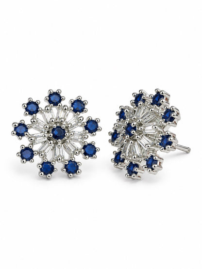Blue Baguette Sunburst Stud Earrings, silver plated, alternate product view
