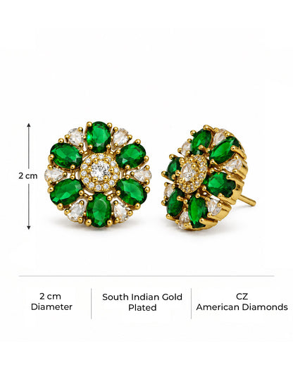 Green Oval Petal Floral Stud Earrings - Gold Plated