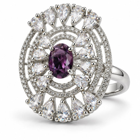 Purple Oval Center Halo Ring - Silver Plated - product view