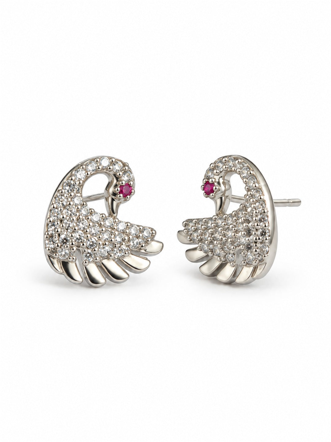 Clear Stone Swan Stud Earrings, silver plated, alternate product view