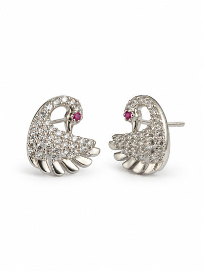 Clear Stone Swan Stud Earrings, silver plated, alternate product view