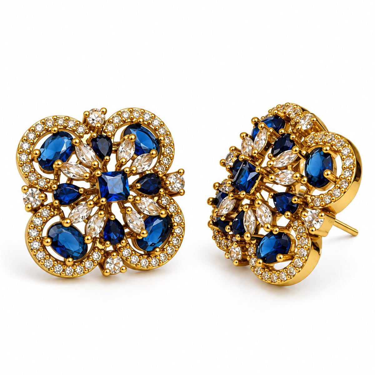 Blue Four Petal Oval Stone Stud Earrings - Gold Plated