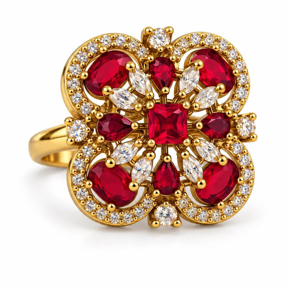 Red Stone Four Leaf Clover Cluster Ring - Gold Plated, product view