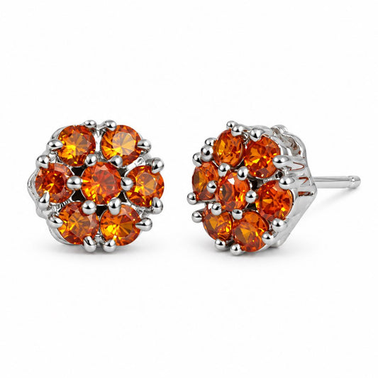 Orange Stone Floral Cluster Stud Earrings, silver plated