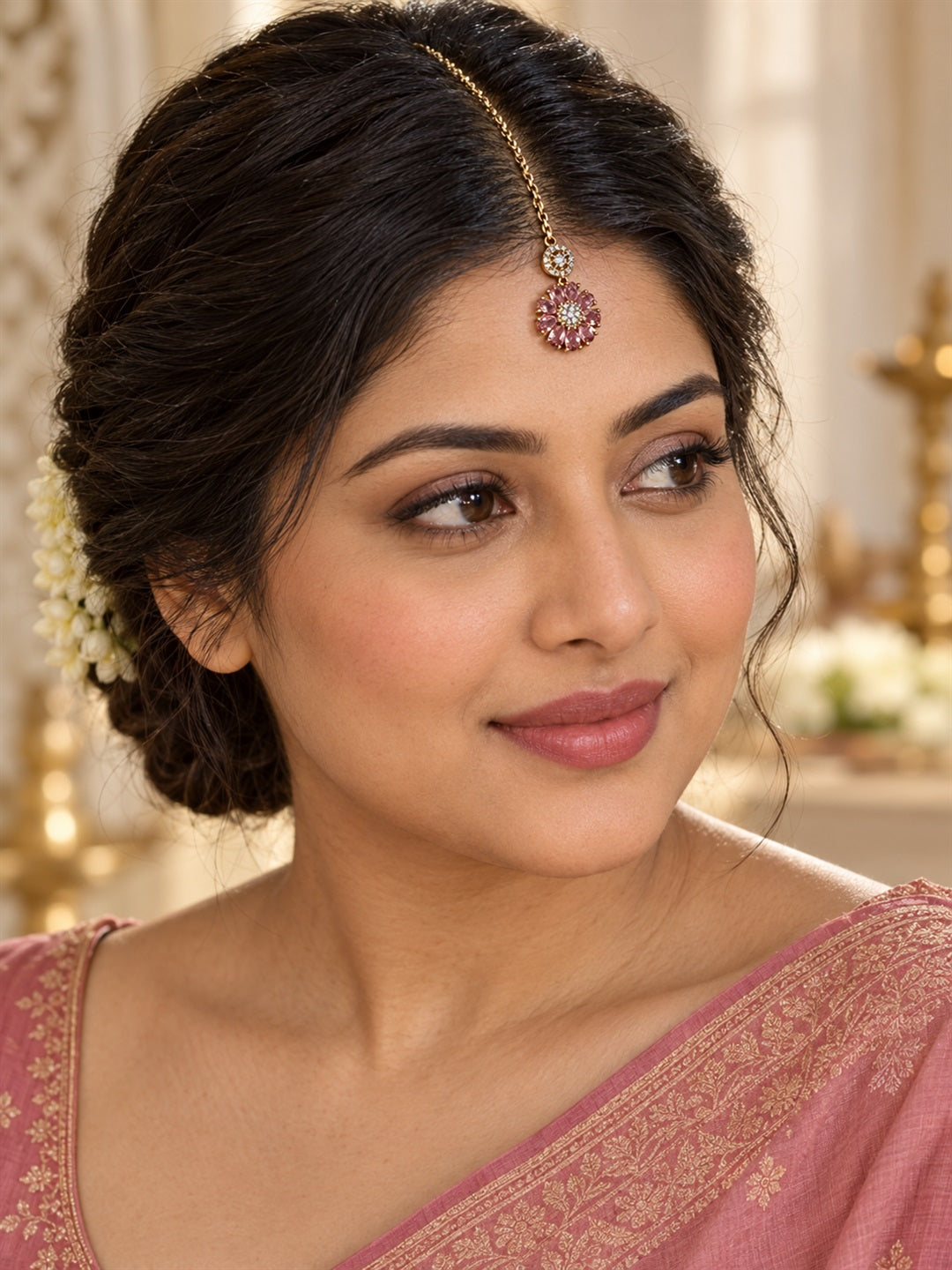 Light Pink Teardrop Floral Maang Tikka - Gold Plated, additional view 3